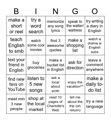 Vacation Bingo Card