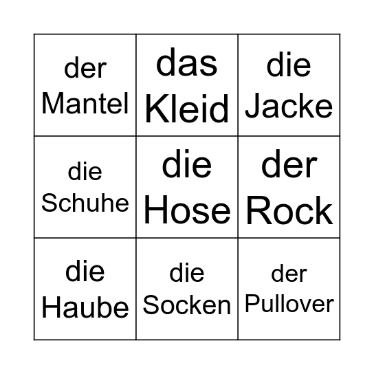 Kleidung Bingo Card