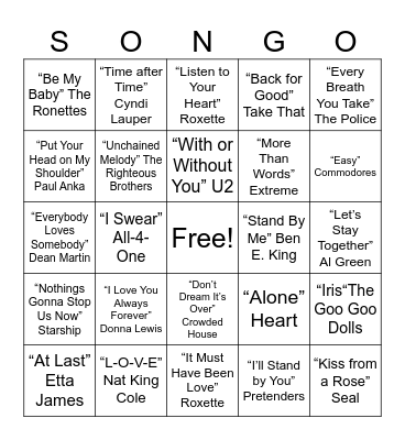 LOVE SONGS Bingo Card