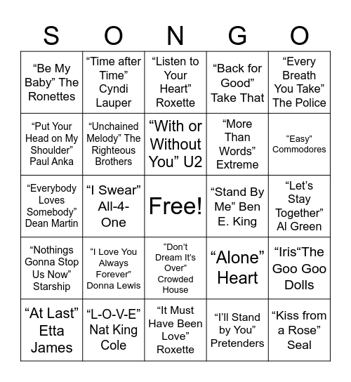 LOVE SONGS Bingo Card