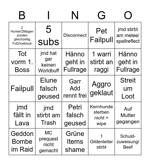 MC RAID Bingo Card