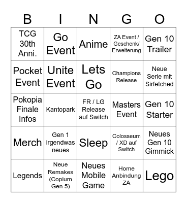 Pokemon Presents Bingo Card