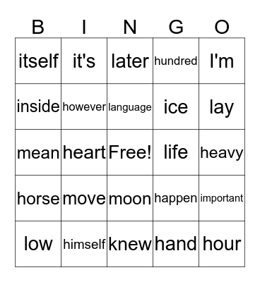 Sight Word Orange Bingo Card