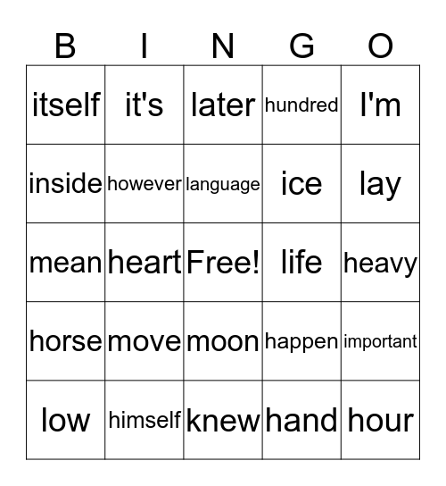 Sight Word Orange Bingo Card