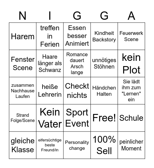 Romance Anime Bingo Card