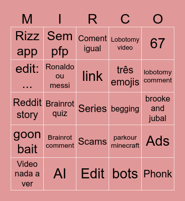 Shorts Bingo Card