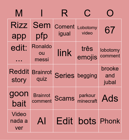 Shorts Bingo Card