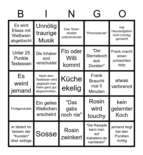 Rosins Restaurant Bingo Card