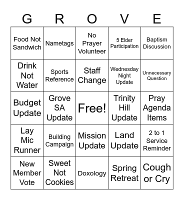 Family Meeting Bingo Card