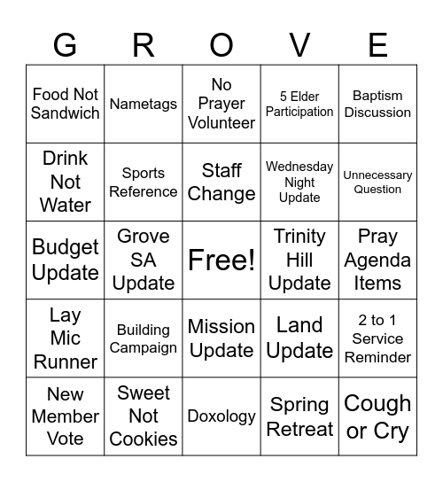 Family Meeting Bingo Card
