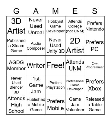 Global Game Jam - Ice Breaker Bingo Card