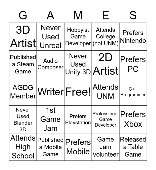 Global Game Jam - Ice Breaker Bingo Card