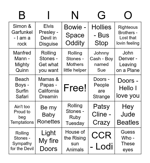 60's Music Bingo Card
