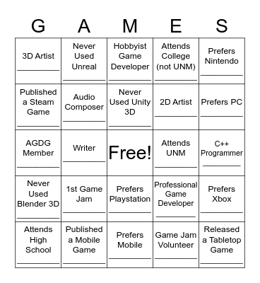 Global Game Jam - Ice Breaker Bingo Card