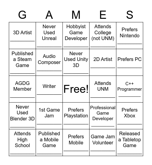 Global Game Jam - Ice Breaker Bingo Card