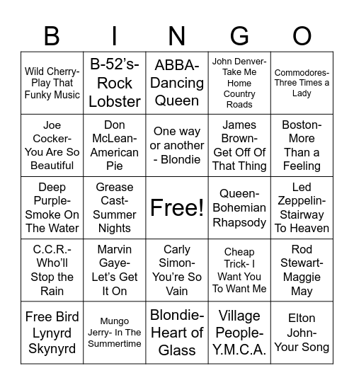 70's Music Bingo Card