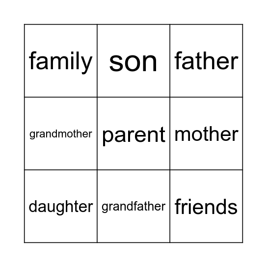 Family and Friends Bingo Card
