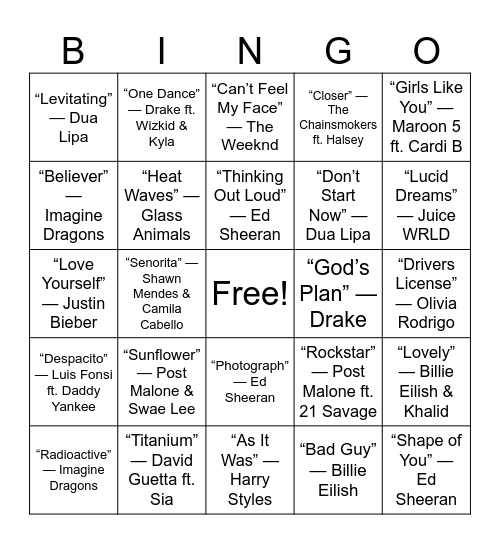 Billion Stream Club Bingo Card