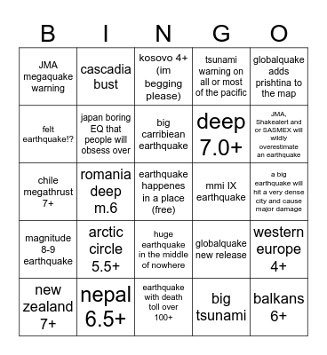 2026 earthquake bingo Card