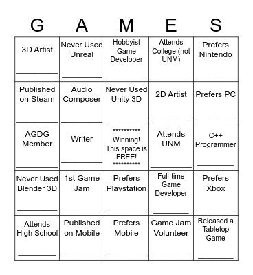 Global Game Jam - Ice Breaker Bingo Card