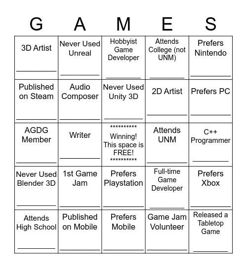 Global Game Jam - Ice Breaker Bingo Card