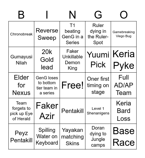 LCK / T1 2026 Bingo Card