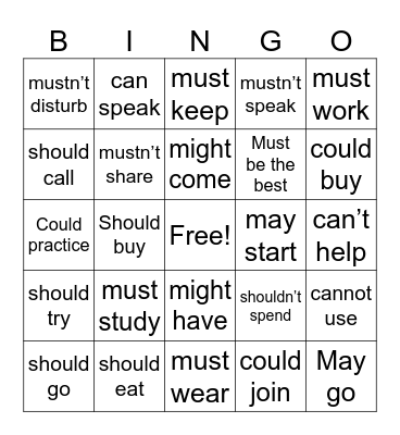 Modal Verbs Bingo Card
