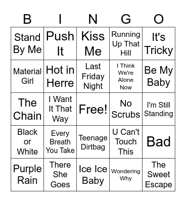 Kam's FAV Songs Bingo Card
