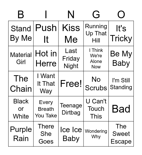 Kam's FAV Songs Bingo Card