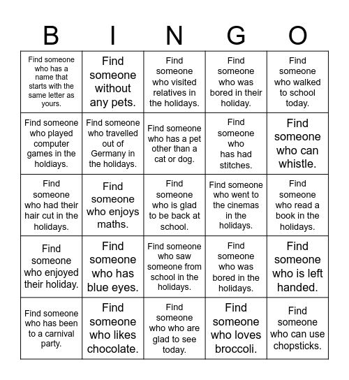 After Holiday Fun Bingo Card
