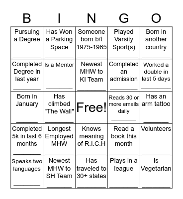 KI~SH      Winter Teambuilding  Bingo Card
