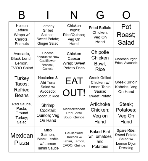 Dinner Bingo Card