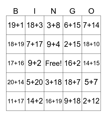 Addition Bingo Card