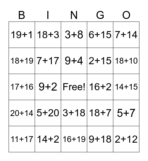 Addition Bingo Card