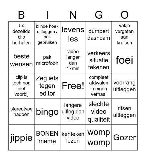 Gamemeneer dashcam META bingo Card