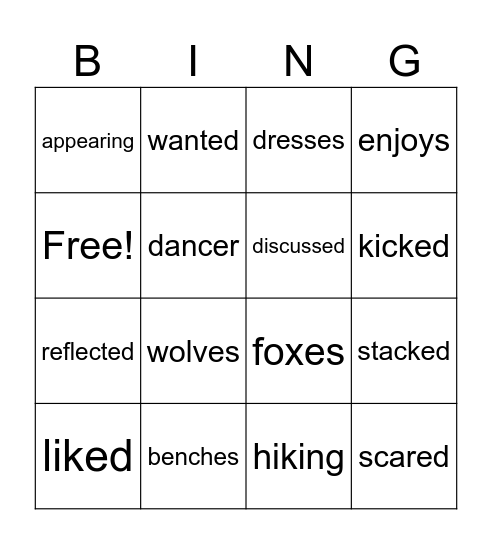 Inflectional Endings Bingo Card