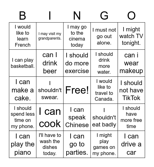 modal verbs Bingo Card