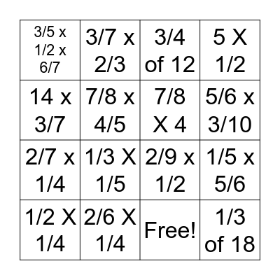Multiplying Fractions Bingo Card