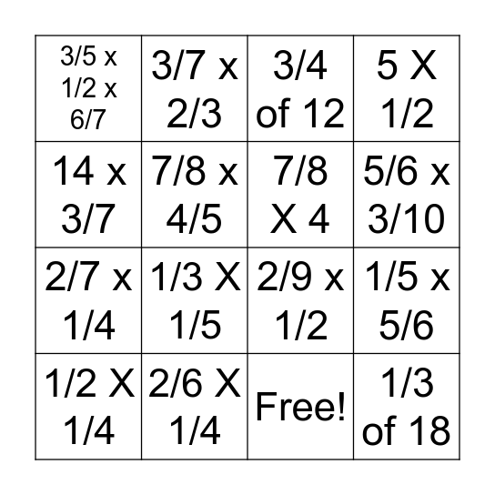 Multiplying Fractions Bingo Card