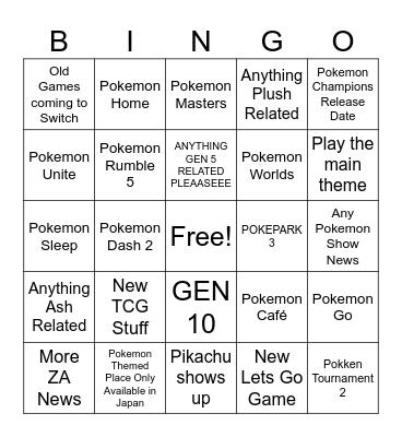Pokemon Direct Wishlist Bingo Card