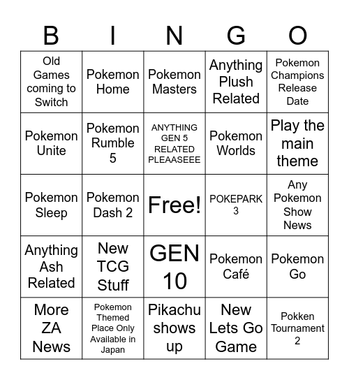 Pokemon Direct Wishlist Bingo Card
