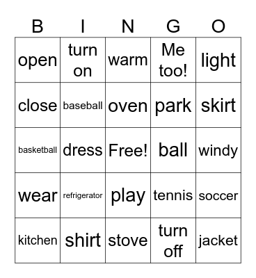 ESL Vocabulary  Intro 11-13 Bingo Card