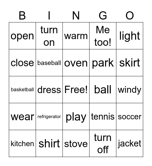 ESL Vocabulary  Intro 11-13 Bingo Card