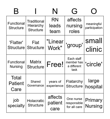 Organization Structure + Nursing Care Models Bingo Card