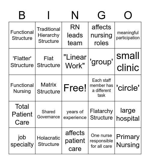 Organization Structure + Nursing Care Models Bingo Card