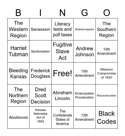 Civil War Bingo Card