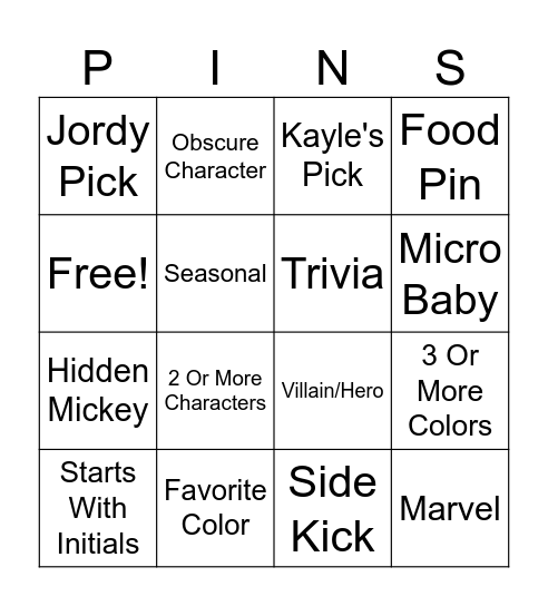 Disney Pingo Bingo Card
