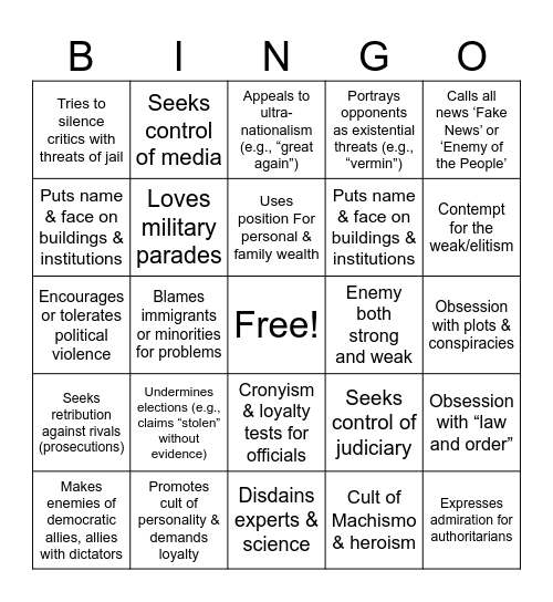 Is Your Leader A Fascist? Bingo Card