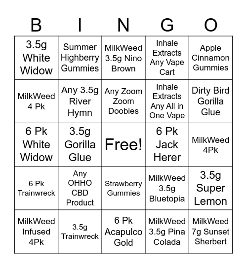 Back Home Dispensary Bingo Card