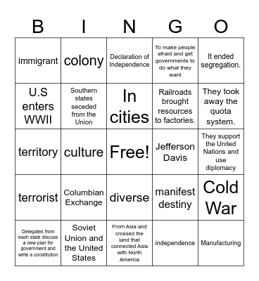 Americans and their History Bingo Card